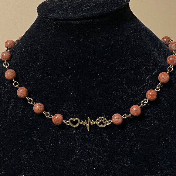 Genuine Red Jasper Short Necklace, Bronze Paw Print Heart Beat +Natural Gemstone - Picture 3 of 13